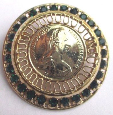 Broche Vintage Or Avec Cristaux Émeraude - Pièce Unique En Relief - Bijou Ancien - État Impeccable