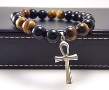 MENS Ankh Bracelet 925 Sterling Silver Egyptian Key of Life Black Onyx Tiger Eye