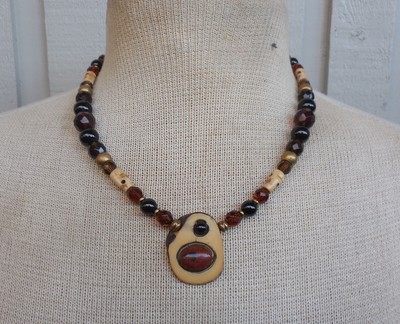 Amulet Carved Prosperity Rune Tagua Obsidian Onyx Inlay Skull & Stone Beads OOAK