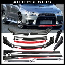 For Mitsubishi Lancer Front Bumper Lip Spoiler Body Kit+Side Skirt Glossy blk➕rd