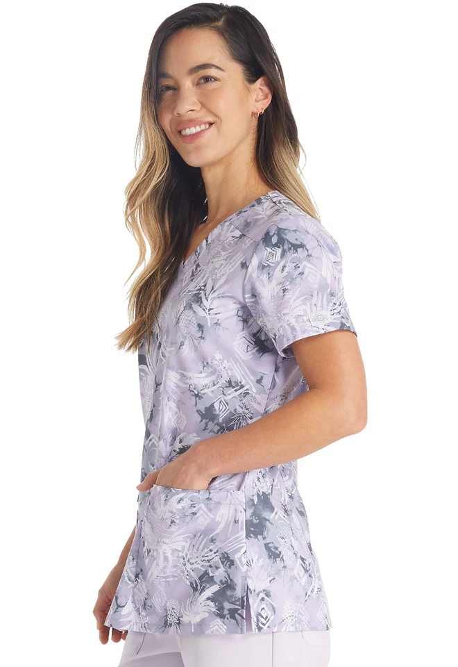 Dickies Women's Scrubs V Neck Print Top DK616 TPDS Tropic Distress Free Ship - Image 2 of 4