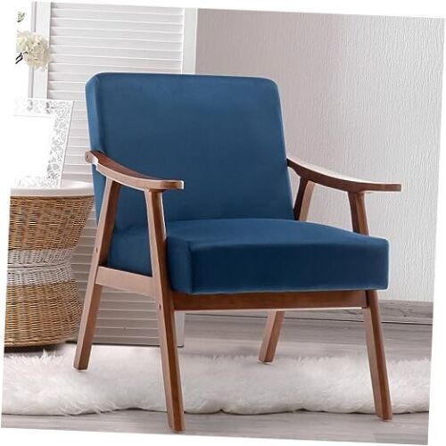 Velvet Upholstered Accent Chair, Mid-Century Modern Armchair with Solid Blue