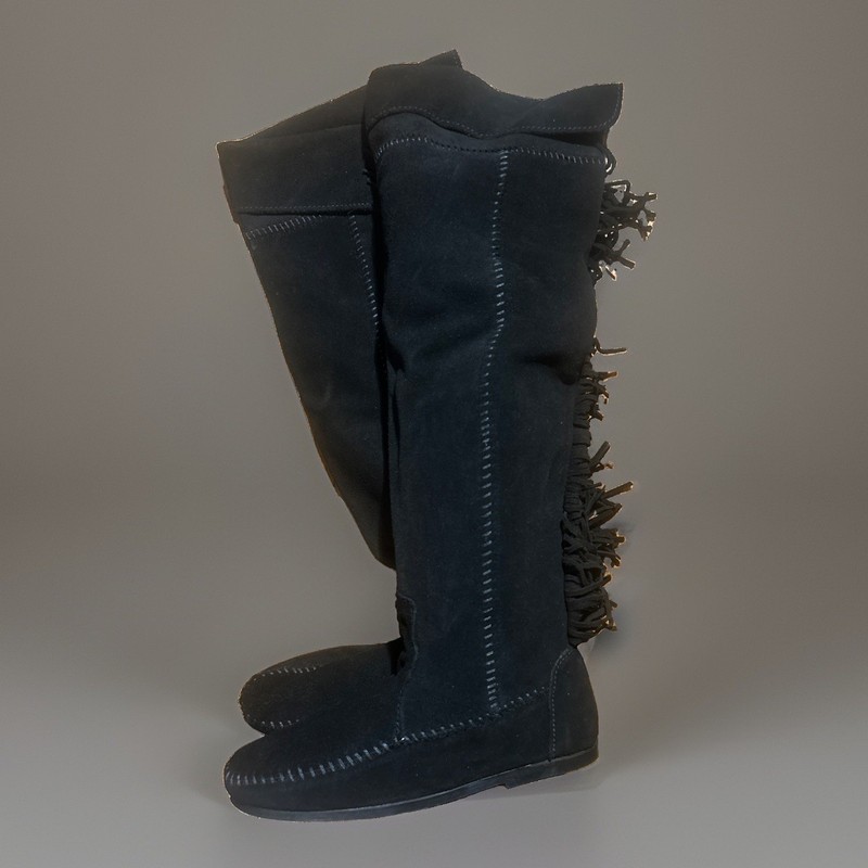 NEW Minnetonka x Maige Black Suede Back Fringe Cuff or Over Knee Moccasin Boot 7