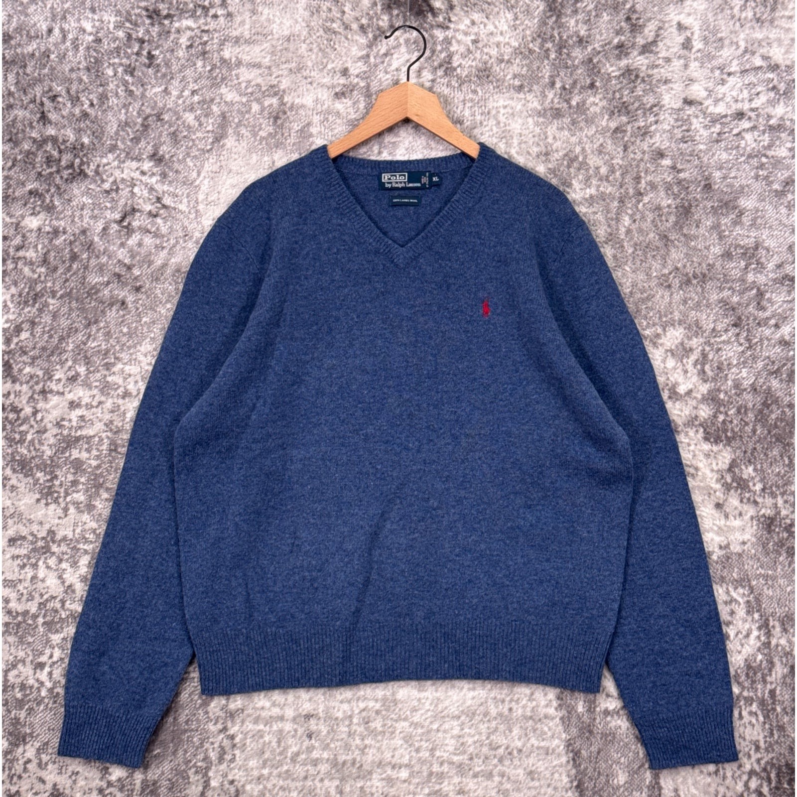 Vintage Polo Ralph Lauren Sweater XL Mens Lambs Wool Indigo Blue V Neck
