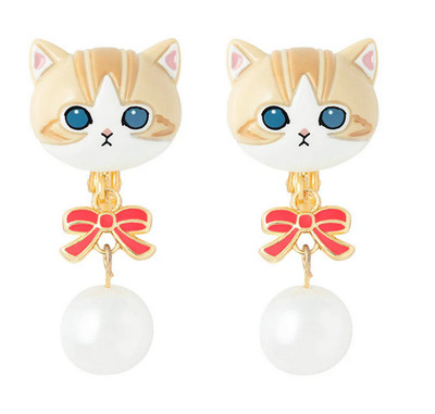 mofusand Clip-on Earrings with Ribbon and Pearl Brown White 2025 Winter JP LTD