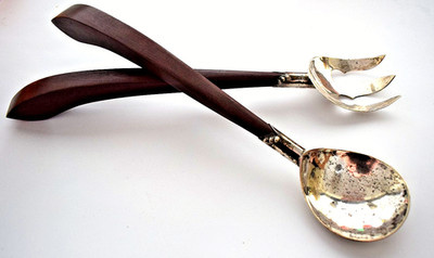 Vintage  MCM Mid Century Modern Teak & STERLING Salad Serving Fork & Spoon