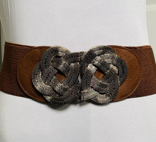 Fashion Brown Elastic Cinch Belt 27.5" w/Braided Brass Clasp Buckle tiny flaw
