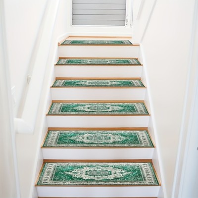 Green And White Retro Patterned Stair Mat, Soft And Durable, Machine Washable