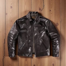 Mens Vintage Style Horsehide Veg-Tan Retro Leather Biker Jacket w/ Side Buckles