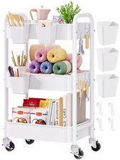 3 Tier Rolling Cart Metal with Wheels, White Three Tiered Craft Cart Organize...