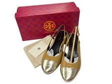 Tory Burch Women's Cap Toe Leather Slingback Shoes 45mm Heel Tan US Size 9M