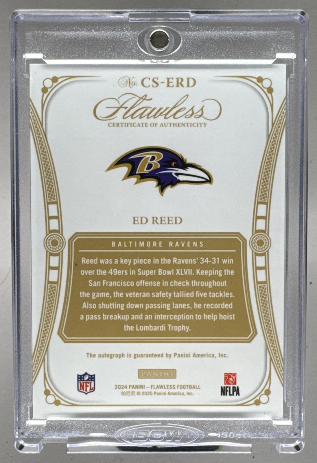 Ed Reed 2024 Panini Flawless Platinum Champions Auto 1/1 view 2