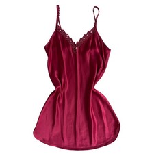Vintage 80s Burgundy Satin Lace Trim Slip babydoll Nightgown Chemise Dress