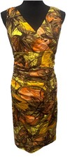David Meister Midi Dress 12 Brown Floral Print Stretch Lining Ruched Sleeveless