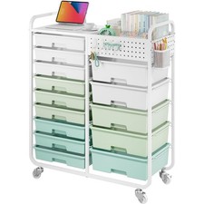 14 Drawer Rolling Storage Cart with Tabletop and Pegboard for Crafts Green
