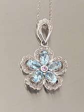 9ct Gold 1.75ct Aquamarine Diamond Flower Pendant Necklace 9 Carat 18" Chain 5g