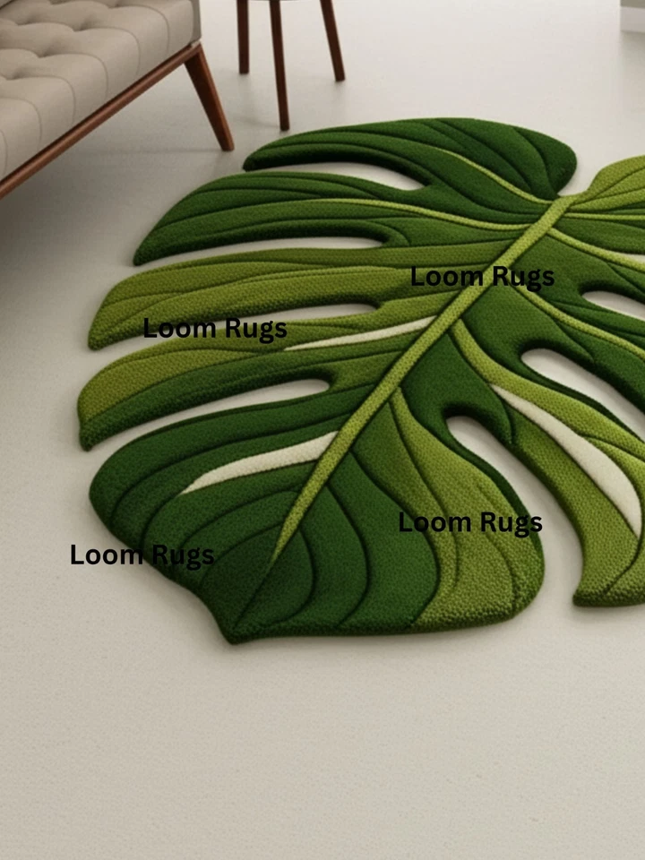 Alfombra acolchada verde hecha a mano con forma de hoja Monstera - Alfombra botánica moderna Foto 2 de 3