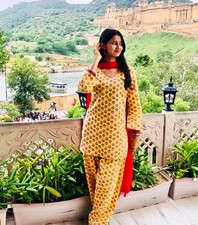 Pakistani Cotton Kurti with Farshi Pant Dupatta Set Indian Casual Wear Kurta Set