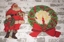VTG Dennison Santa Wreath Christmas Die Cut Out Cardboard One Sided Lot of 2