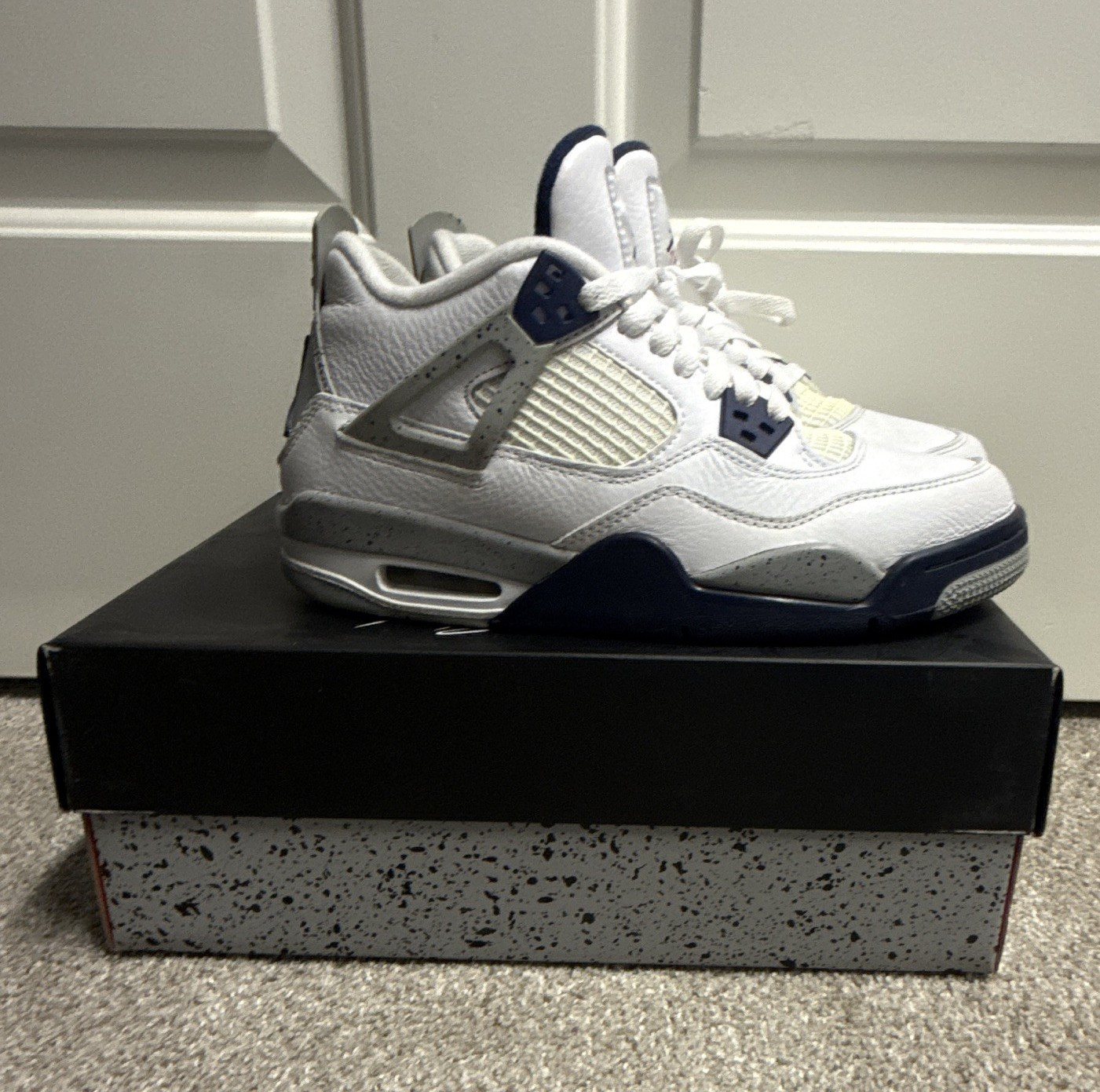 Jordan Air Jordan 4 Retro GS 6.5Y Blanco/Azul/Gris Cuero Baloncesto 408452-140