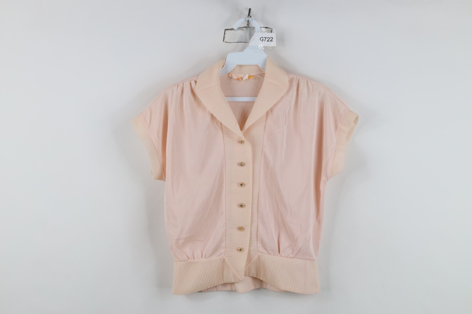 Vtg 50s Rockabilly Womens Medium Hollywood Regency Ribbed Button Shirt Pink USA