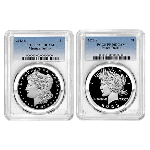 2023-S Proof $1 Morgan and Peace Silver Dollar 2pc Set PCGS PR70DCAM Blue Label
