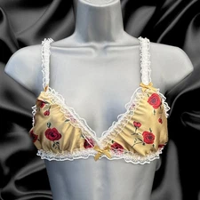 Gold Floral Sissy Frilly Lace Fitted Satin Bralette Bra Size 10-20