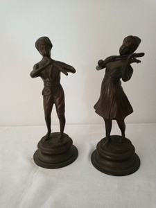 Vintage Bronzed Cast Brass Figures Boy Playing Flute Girl Playing Violin Ebay