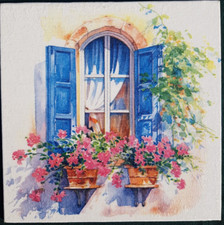 hübsches Fenster - Bild / Handarbeit aus Serviette auf Leinwandplatte