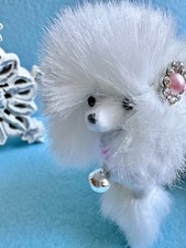 New Fluffy White Poodle Dog w/ Pink Flower Button  Bow Christmas Ornament - 5  