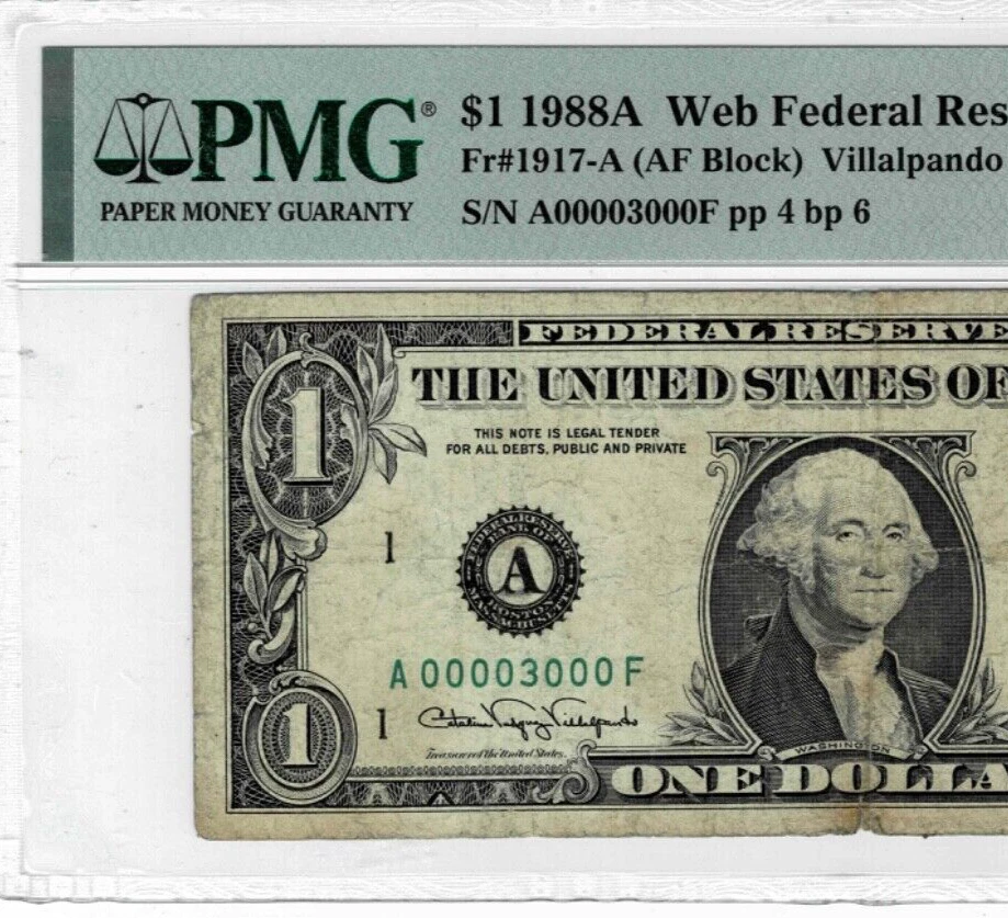1988A $1 Federal Reserve 'WEB'note--fr.1917-A--PMG VF 20-- Serial# 00003000 - Image 3 of 4