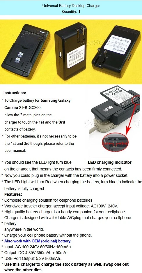 Baterías dobles EB-F1A2GBU 1750mAh + Cargador, para cámara Samsung Galaxy 2 EK-GC200 Foto 3 de 3