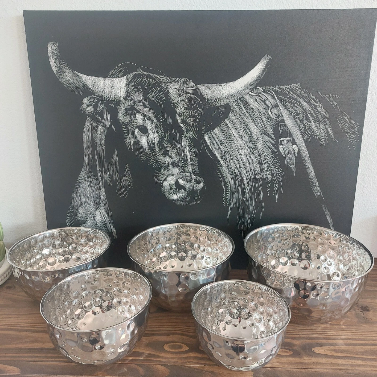 5 Piece Hammered Stainless Steel Mixing Bowl Set Nesting Bowls Polished Silver