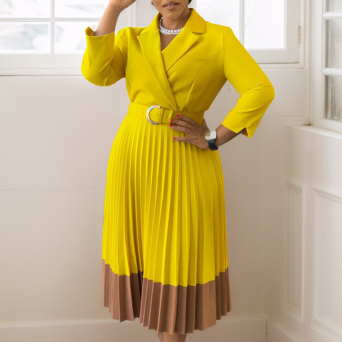 Women's Fall Collared Work Office DressesBusiness Midi Casual A-line Dresses 
