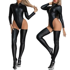 Women Wetlook Leather Catsuit High Cut Bodysuit Zipper Thong Leotard + Stockings