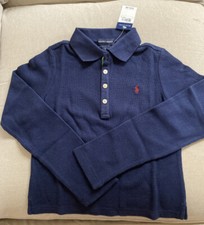 New Ralph Lauren Girls Long Sleeve Waffle Polo Shirt, Navy Size Small 7 45