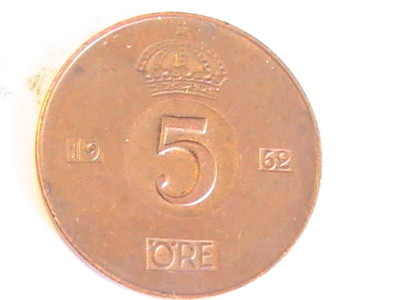SWEDEN CIRCULATED 1962 5 ORE SWEDEN COIN BEAUTIFUL BRASS COIN