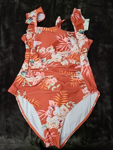 One Piece Swimsuit Slimming Ruffle Bathing Suit Ruched Tummy Control Swimwear L