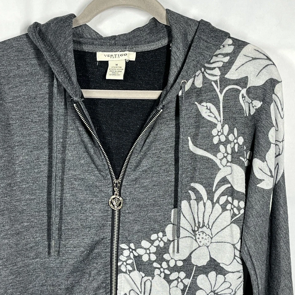 VERTIGO Paris Sudadera con Capucha M Lentejuelas Gris Patrón Floral Cremallera Vértigo Deletrear Hippie Foto 2 de 4