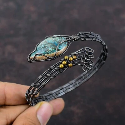Gift For Her Copper Azurite Gemstone Jewelry Wire Wrapped Adjustable Cuff - Image 1 of 4