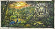 Scena della giungla firmata Khmer - Dipinto ad olio originale (27,5 x 47,5 pollici)