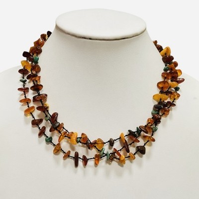 Vintage 3 Strand Baltic Amber Turquoise Nugget Necklace Hand Double Knotted