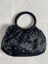 Black Beaded Evening wedding party Purse/Handbag Hoop Handles Satin Feel