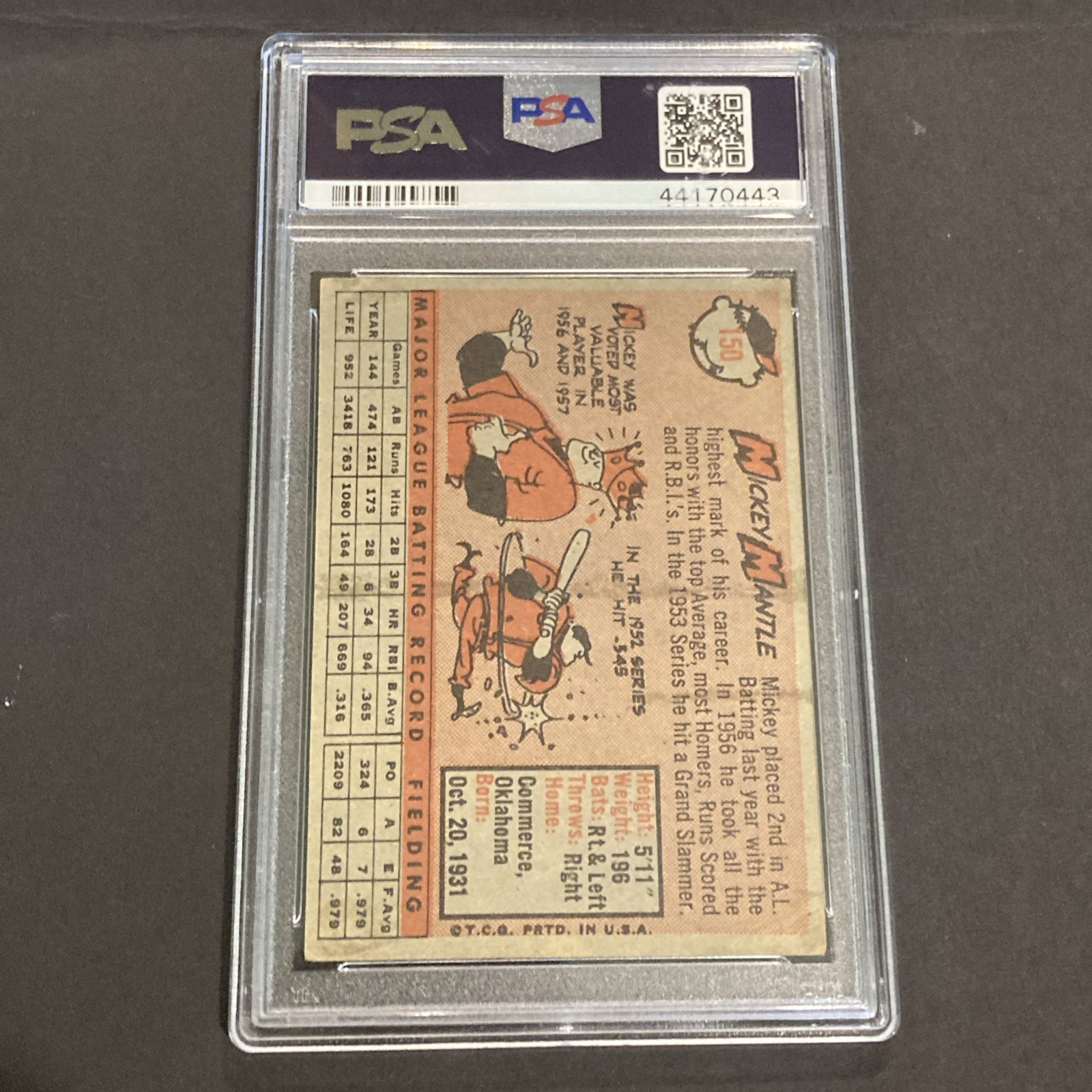 1958 Topps - Mickey Mantle #150 PSA 4 Centered view 4