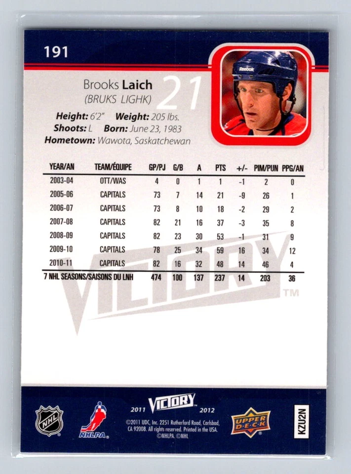 2011-12 Upper Deck Victory #191 Brooks Laich Washington Capitals - Image 2 of 2