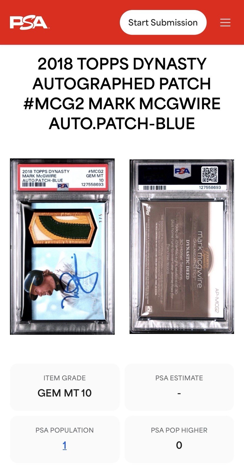 PSA 10 2018 Topps Dynasty Mark McGwire Auto Game Worn Patch Autograph #3/5 POP 1 view 3