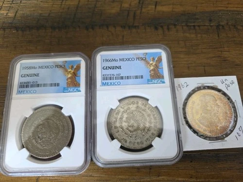 1958 & 1962 & 1966 Mo Mexico Silver Peso Coins- NGC Graded Genuine 