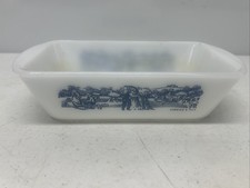 Vintage Glasbake Currier And Ives Baking Dish J-522 Loaf Pan Blue Farm Scene