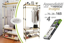Scaffale in Legno con Stand Appendiabiti 4 Ripiani 165 x 76 x 28 cm