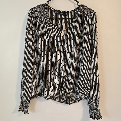 NY&C Women's Blouse Gemotrical Design Faux Button down Black/White NWT M